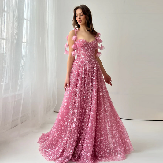 Elegant Pink 3D Floral Spaghetti Strap Evening Dress SS701