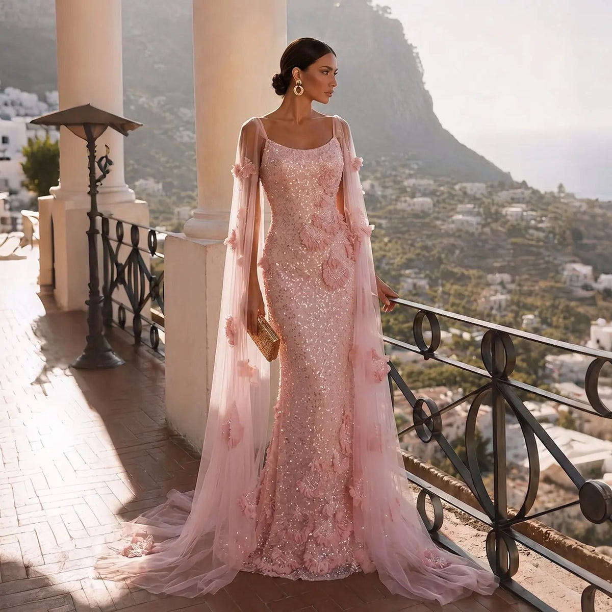 Pink  Sheer Tulle Romantic Mermaid   Sequins 3D Floral Evening Dress  SS472