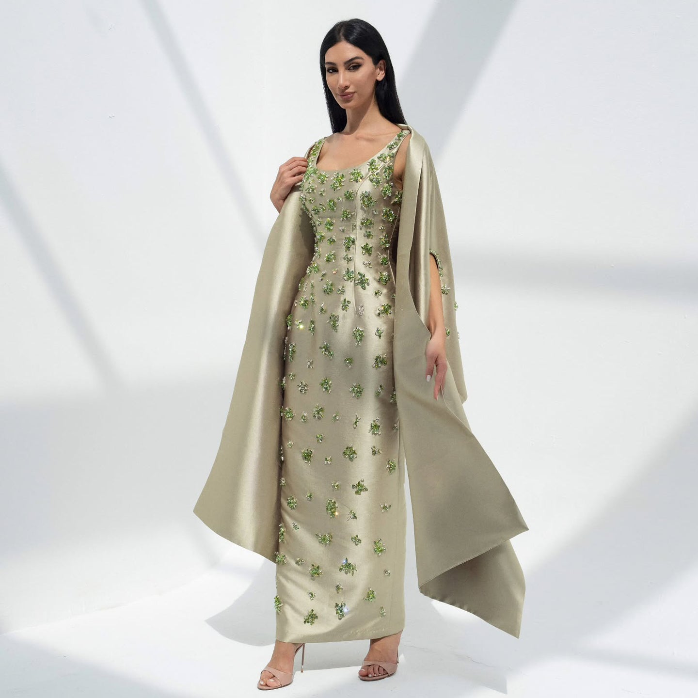 Luxury Beaded Sage Green Evening Dress with Cape SS536