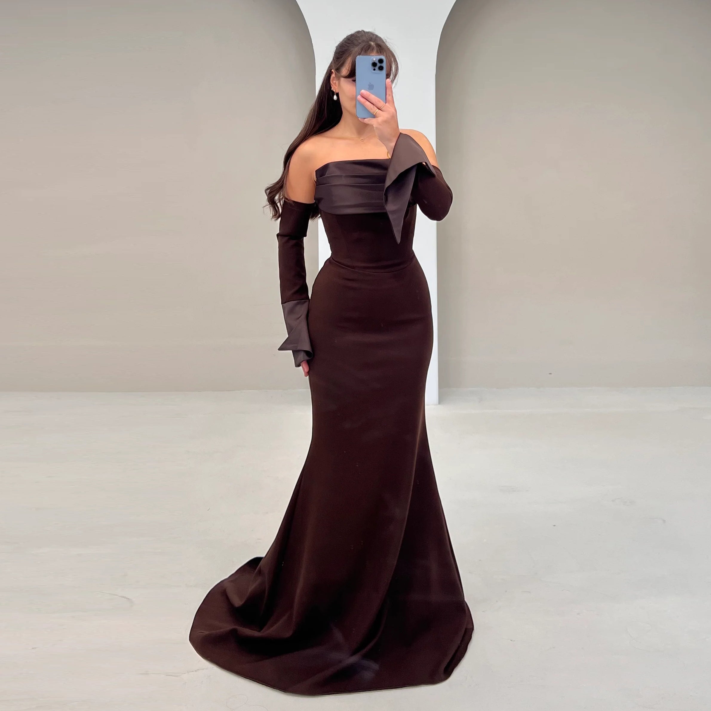 Elegant Strapless Brown Mermaid Satin Evening Dress SF159