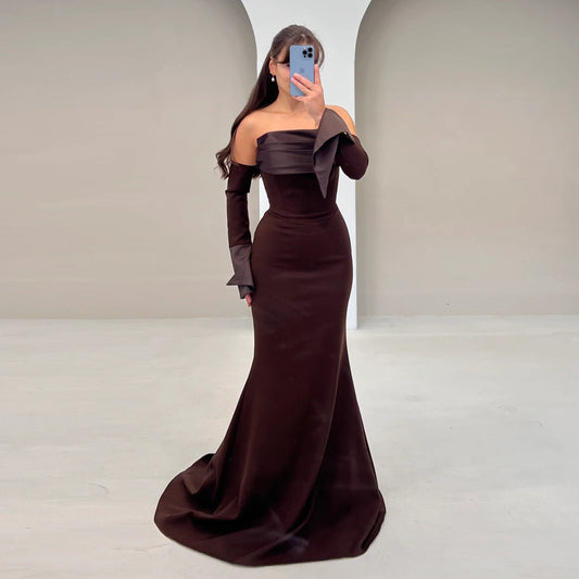 Elegant Strapless Brown Mermaid Satin Evening Dress SF159