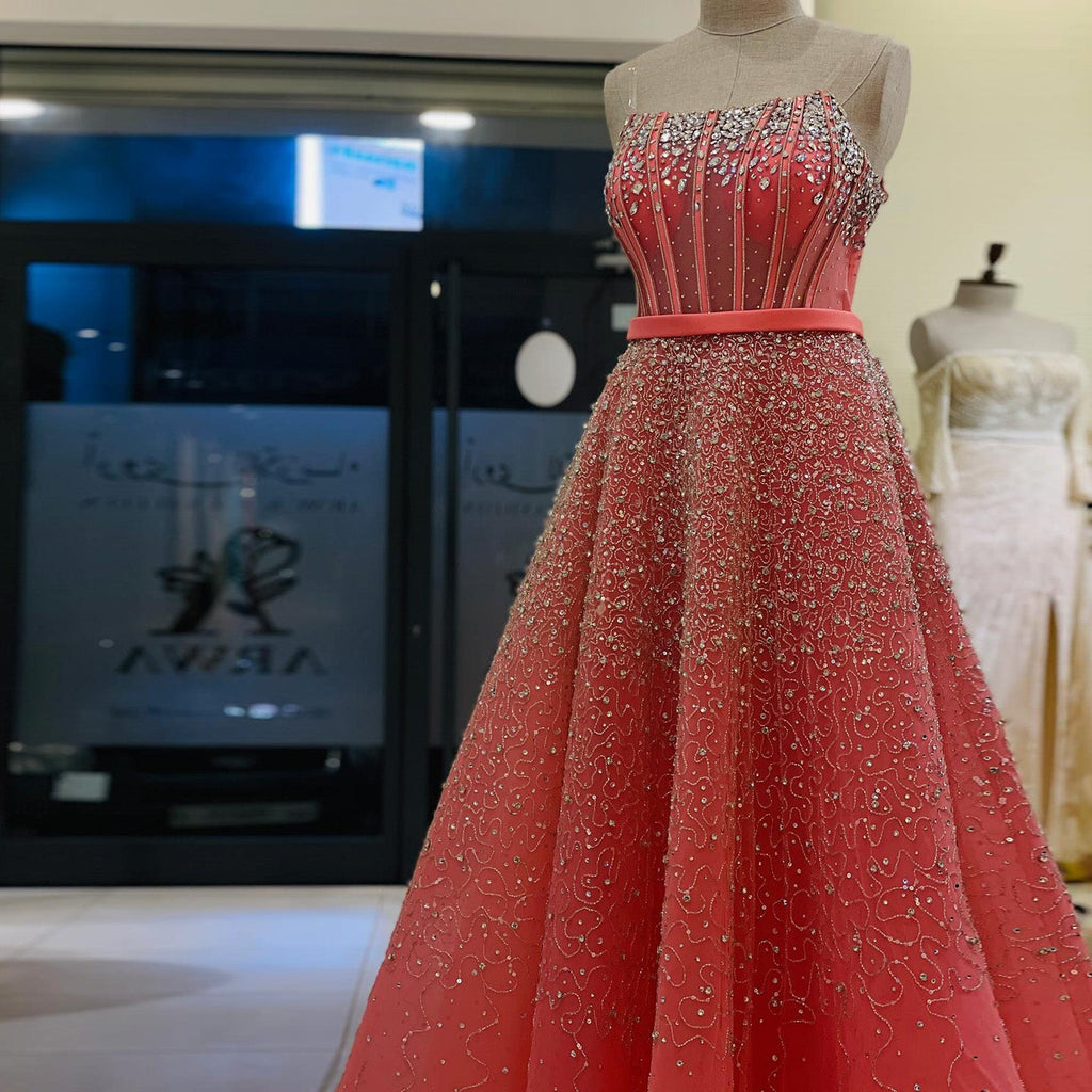 Luxury Watermelon Sequin Crystal Off Shoulder Evening Dress XD004