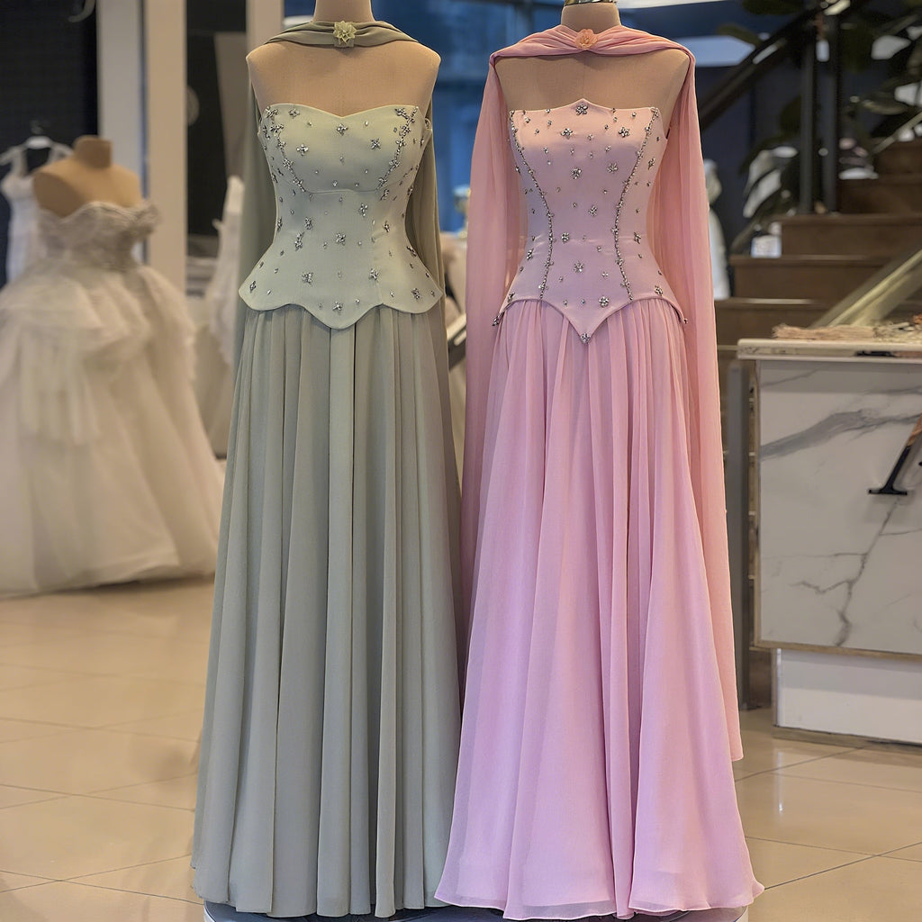 Elegant Sage Green Beaded Beaded Corset Evening Dress with Scarf SF226