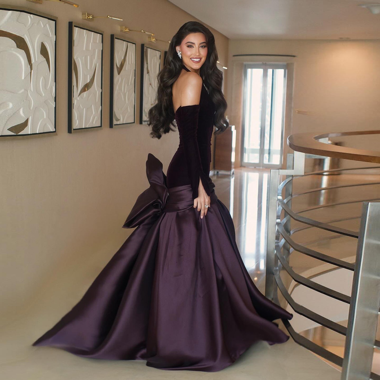 Luxury Grape Off-Shoulder Bow Ball Gown Evening Dress with Arm Sleeve SF168