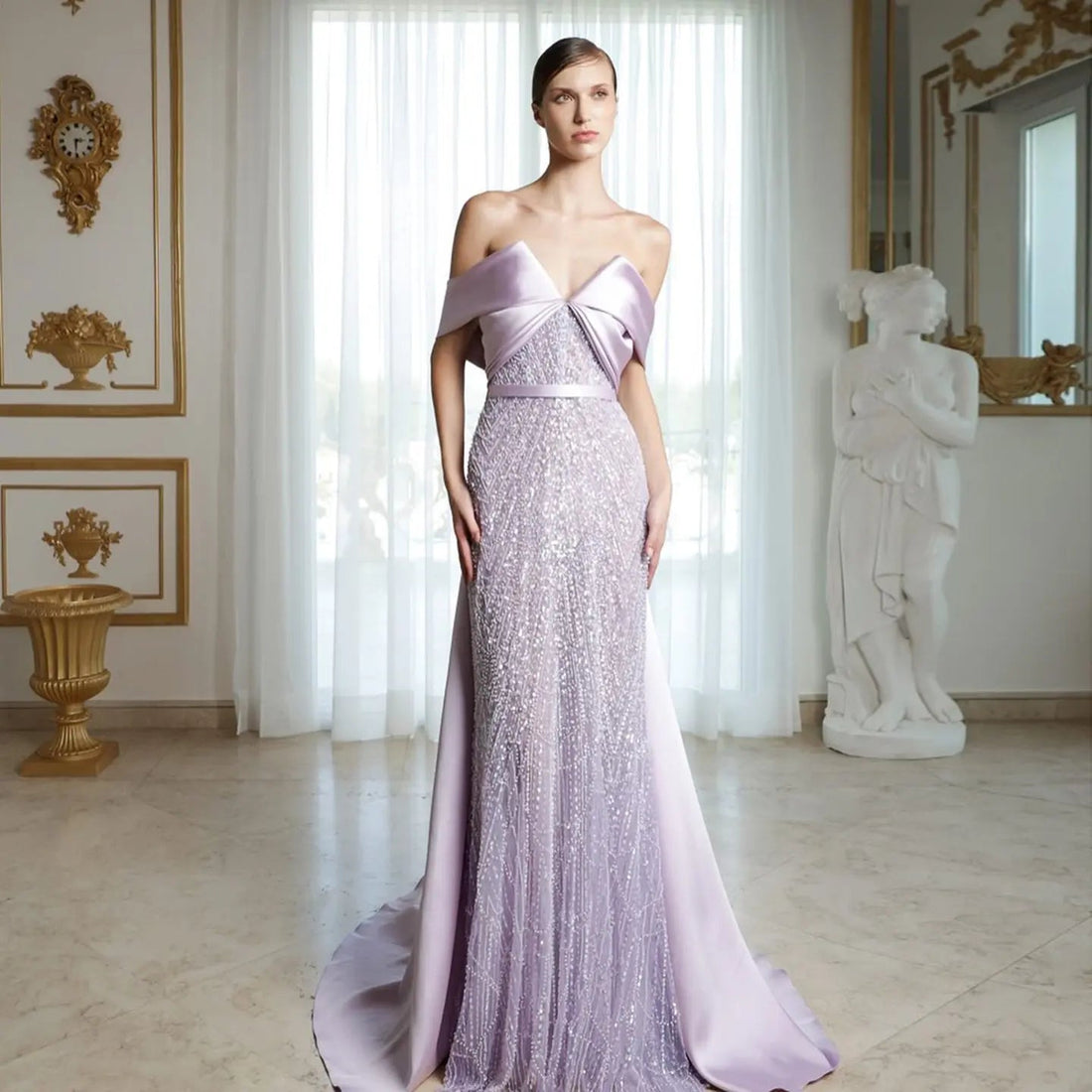 Luxury Beaded Off Shoulder Lilac Evening Dress SS624