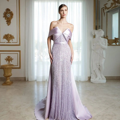Luxury Beaded Off Shoulder Lilac Evening Dress SS624