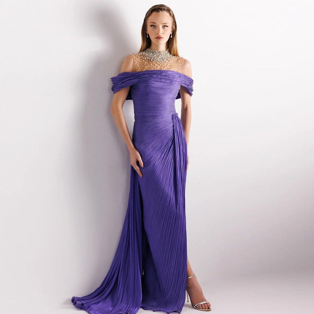 Luxury Purple Off-Shoulder Crystal Pleated Evening Dress with Overskirt SF407