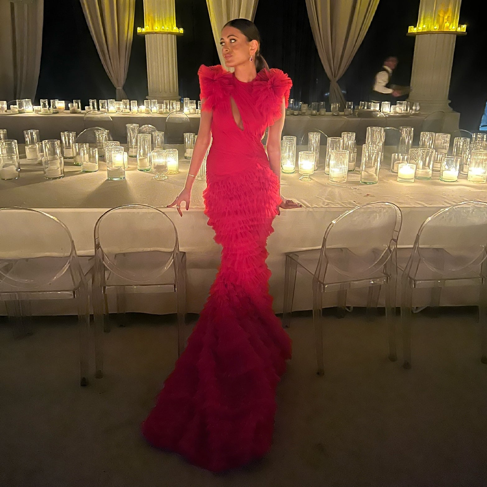 Luxury Red Ruffled Train Mermaid Evening Dress SF512