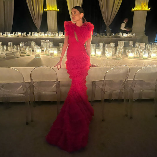 Luxury Red Ruffled Train Mermaid Evening Dress SF512