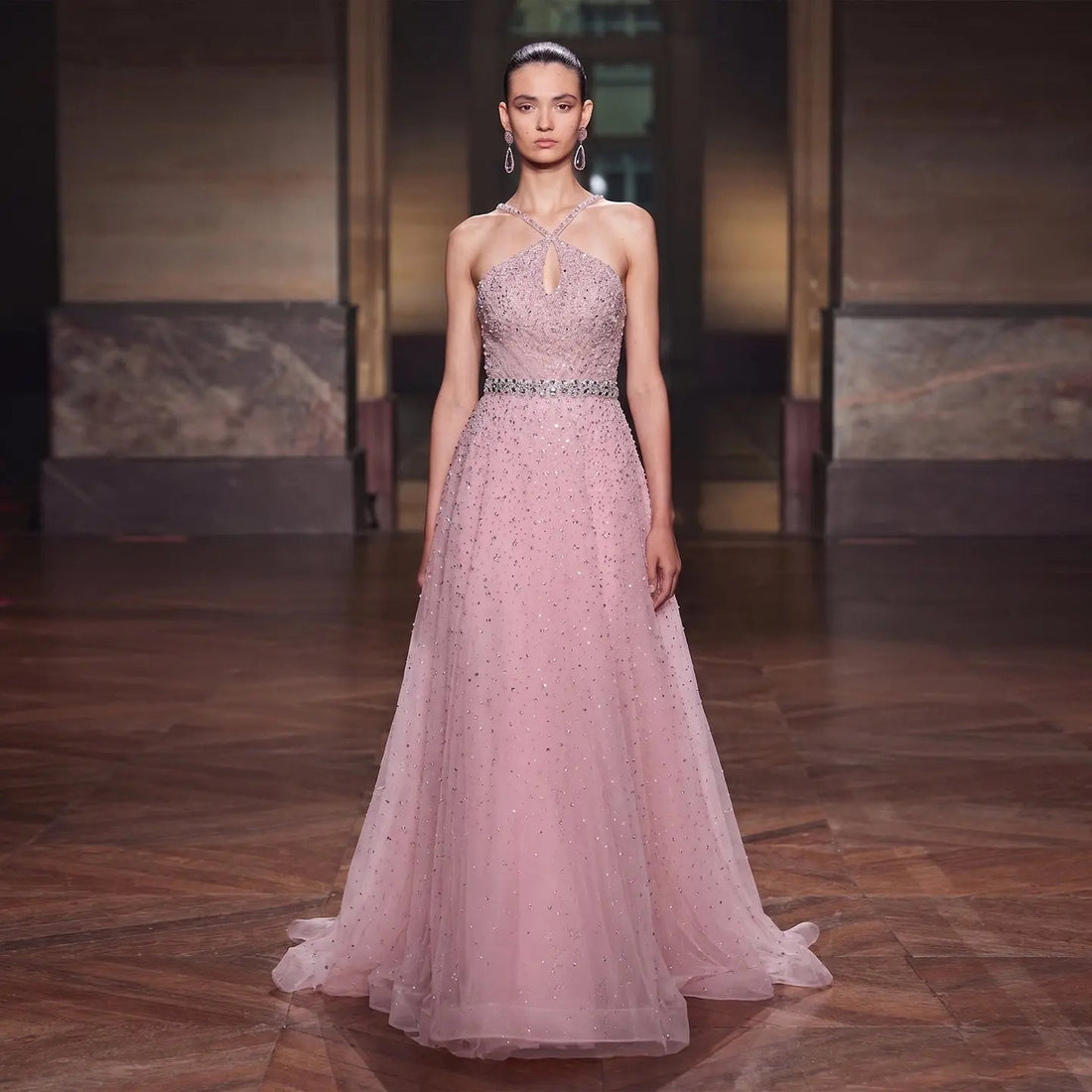 Luxury Dusty Pink Beaded Halter Neck A-Line Evening Dress SS580