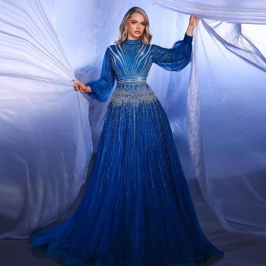 Blue Luxury Sequin Beaded Long Sleeve Evening Dress SS012