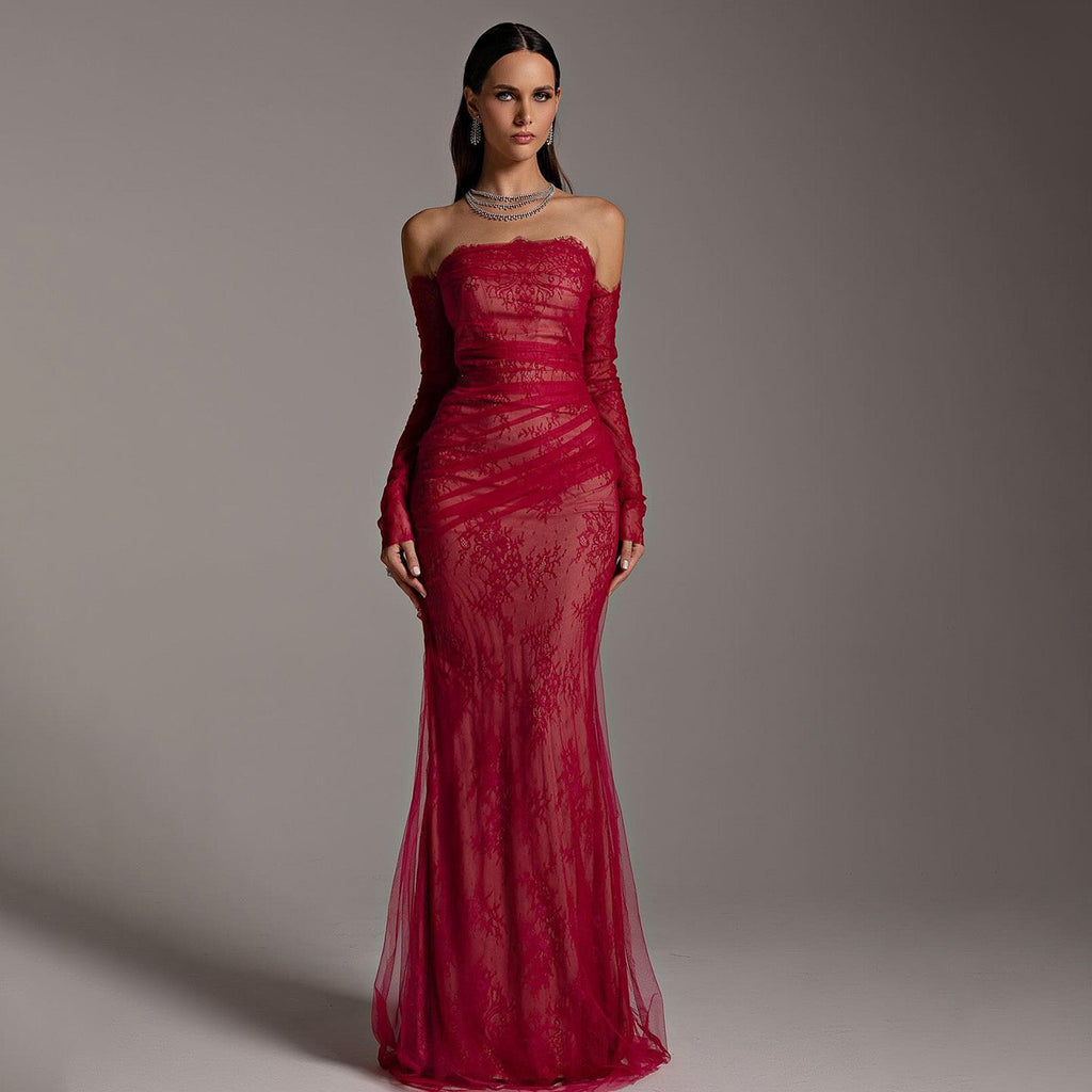 Elegant Strapless Red Long Sleeves Mermaid Evening Dress SF257