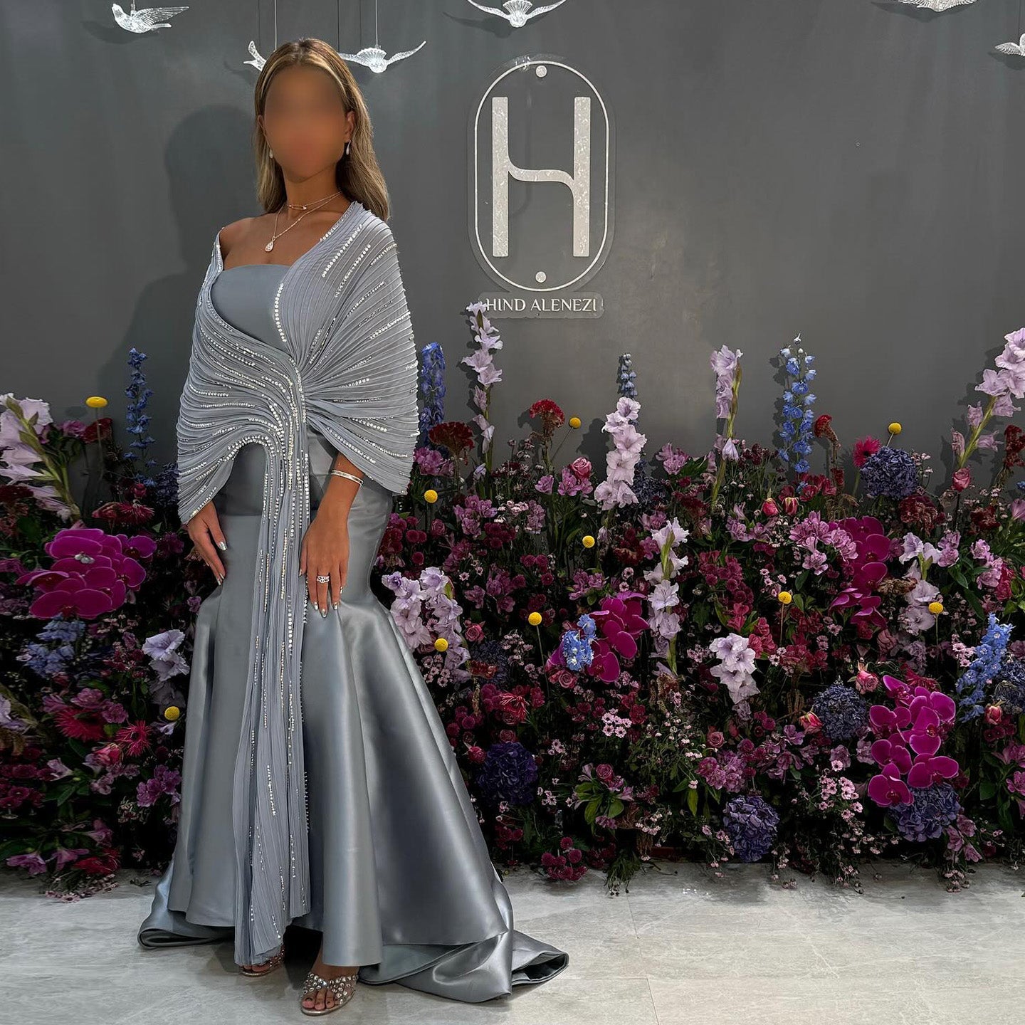 Luxury Gray Off Shoulder Evening Gown with Sparkly Shawl SF396