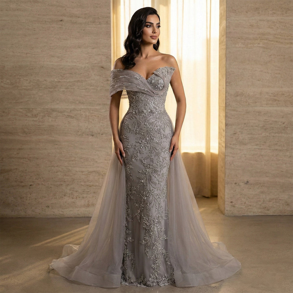 Elegant Gray Sheer Beaded Off-Shoulder Mermaid Evening Dress SS527