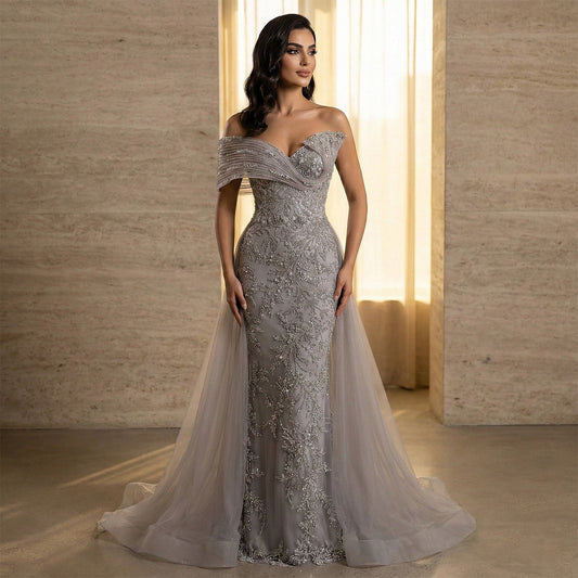 Elegant Gray Sheer Beaded Off-Shoulder Mermaid Evening Dress SS527