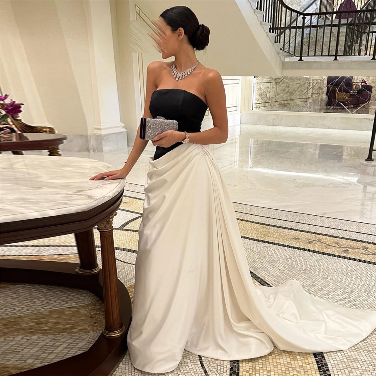 Elegant Black and White Mermaid Evening Dress with Overskirt SF014