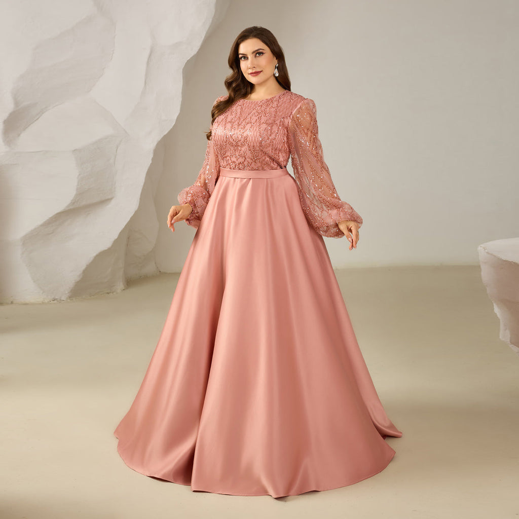 Elegant Pink Beaded Long-Sleeve A-Line Evening Dress SF620