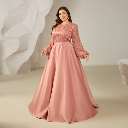 Elegant Pink Beaded Long-Sleeve A-Line Evening Dress SF620