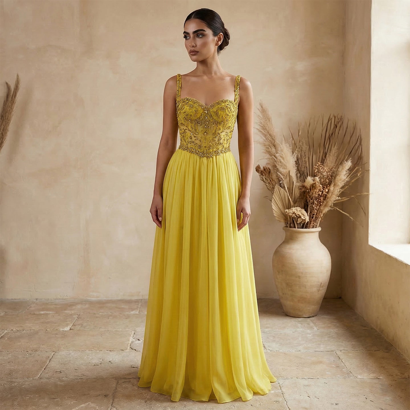 Glamorous Yellow Sweetheart Neck Crystal Sequin A-Line Evening Dress SS387