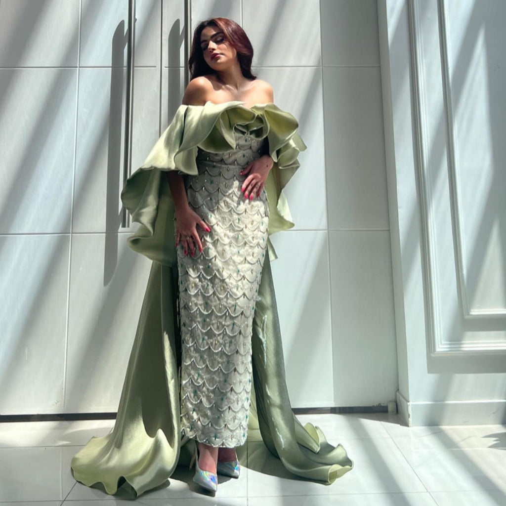 Luxury Crystal Sage Green Strapless Evening Dresses with Cape SS383