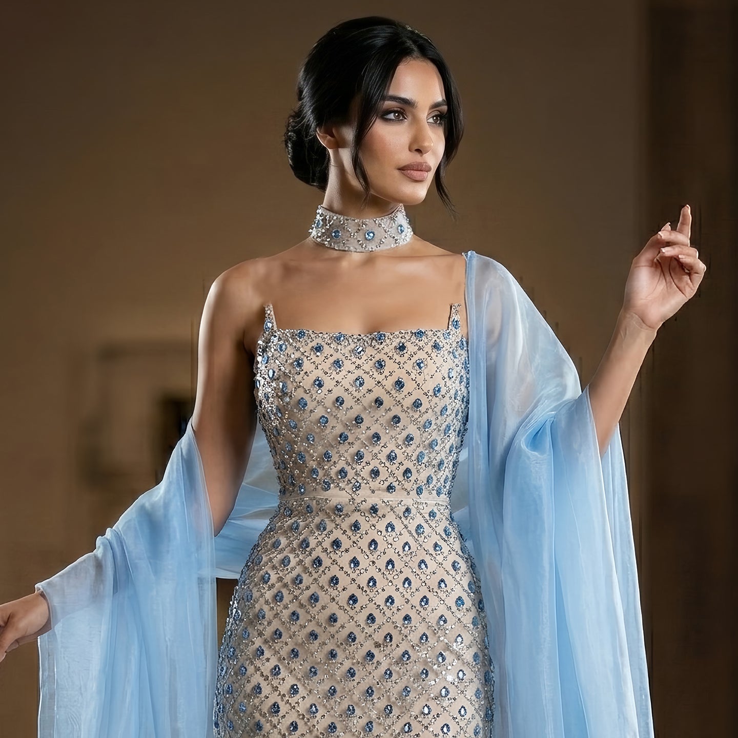 Glamorous Blue Mermaid Beaded Evening Dress with Cape Sleeve and Choker SS506