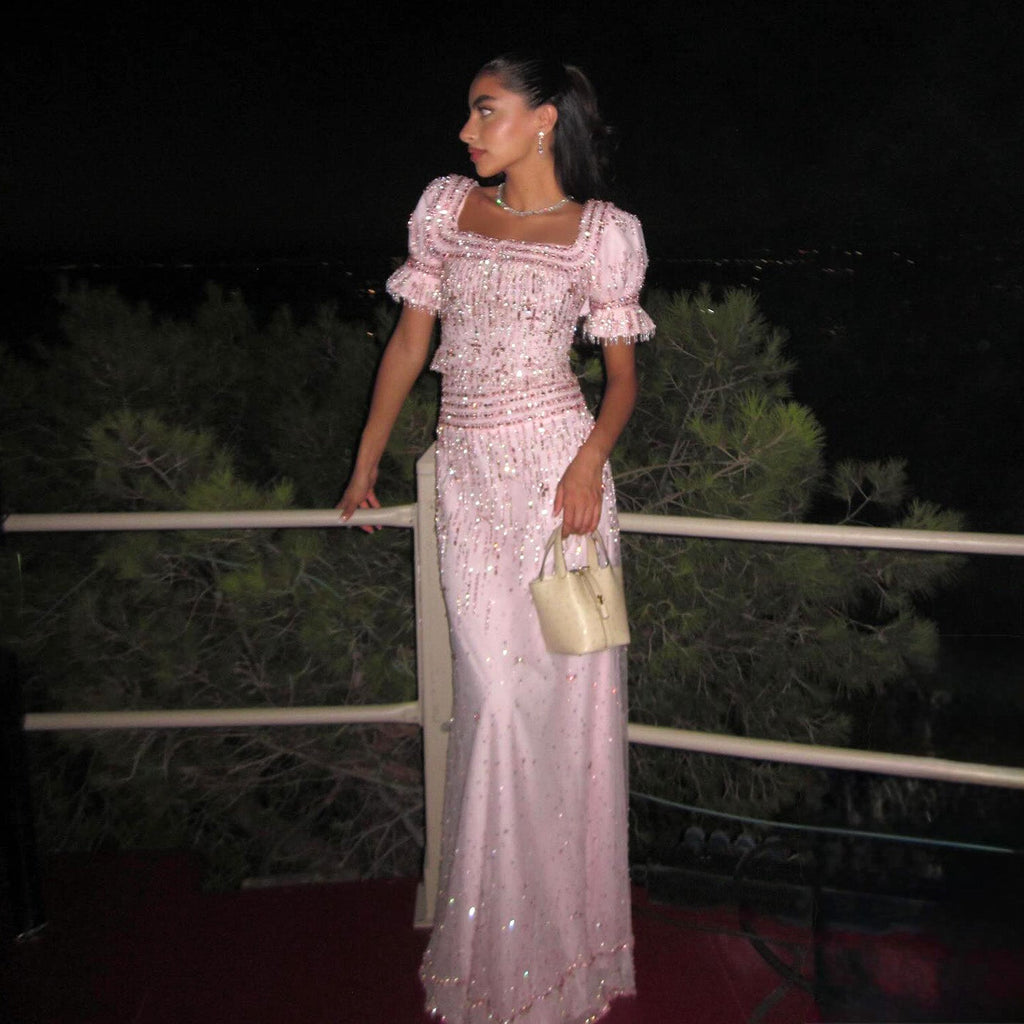 Elegant Puff Sleeve Pink Sequin Two-Piece Evening Dress SS548