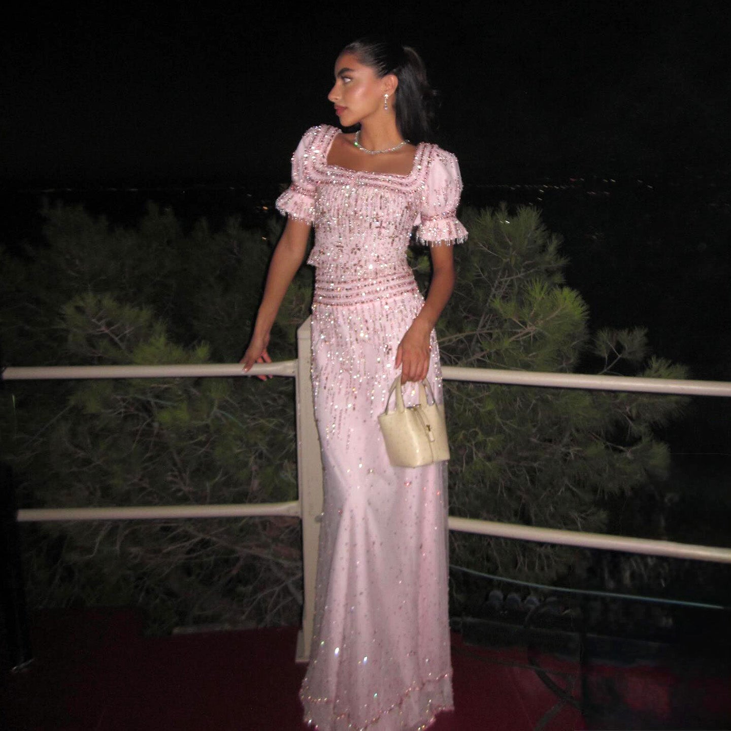 Elegant Puff Sleeve Pink Sequin Two-Piece Evening Dress SS548