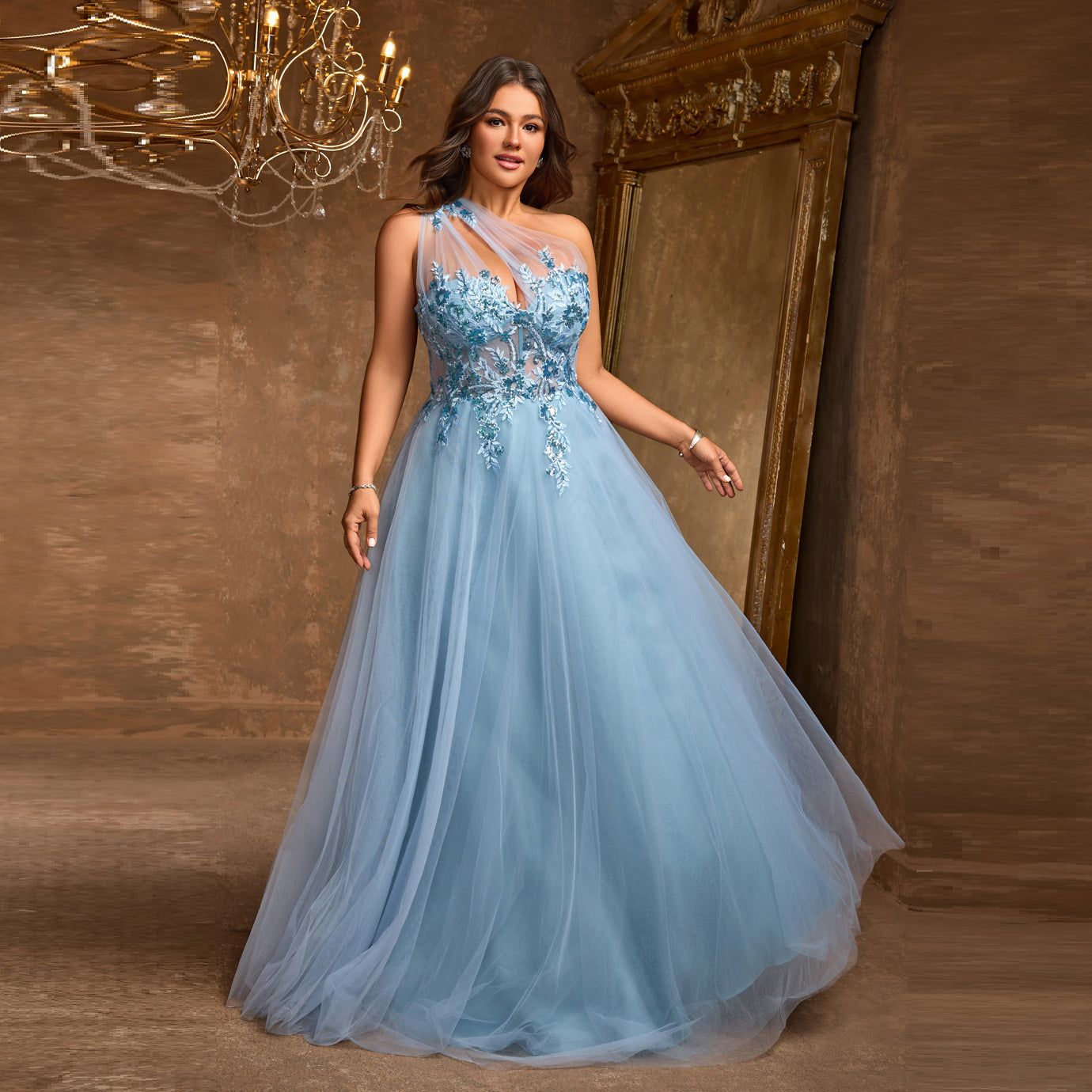 Luxury Blue One-Shoulder Sequin Evening Dress SF602