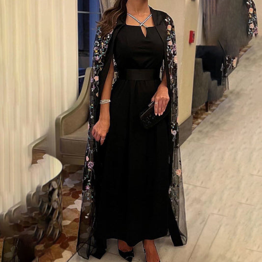 Luxury 3D Floral Black Evening Dress with Cape SF426