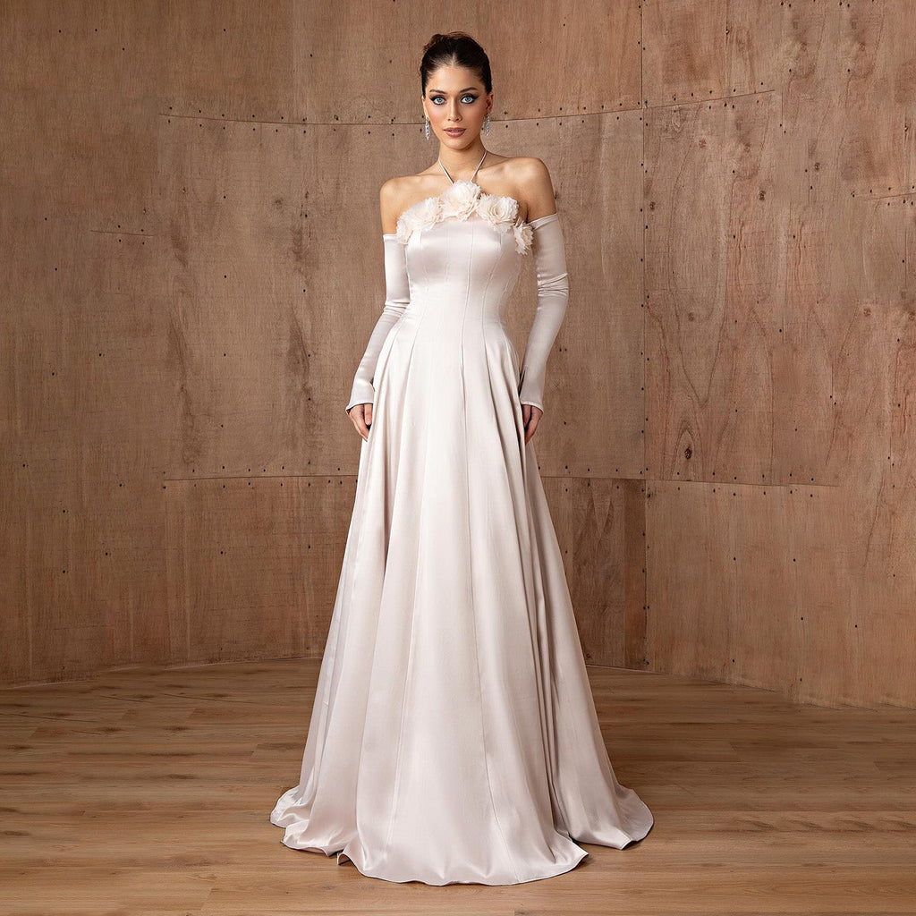 Luxury Light Pink A-Line Evening Dress with 3D Floral SF379