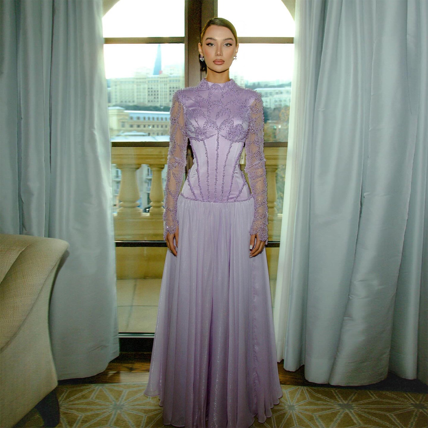 Luxury Lilac High Neck Beaded Long Sleeve Corset Evening Dress SS786