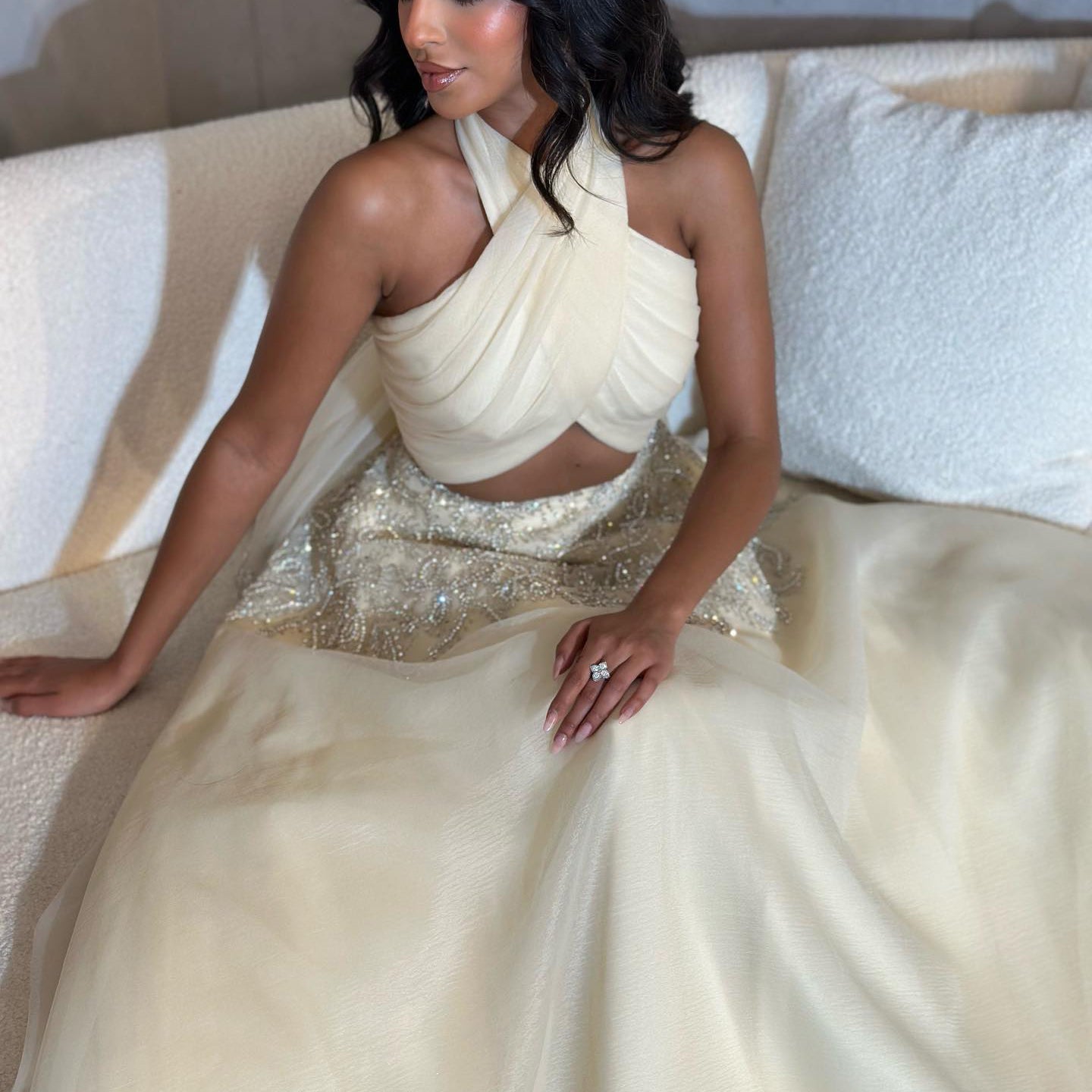 Sexy Beaded Beige Halter A-Line Sleeveless Evening Dress SS444