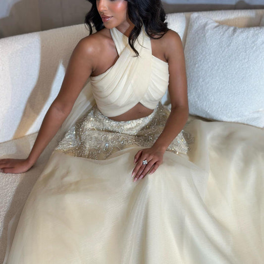 Sexy Beaded Beige Halter A-Line Sleeveless Evening Dress SS444
