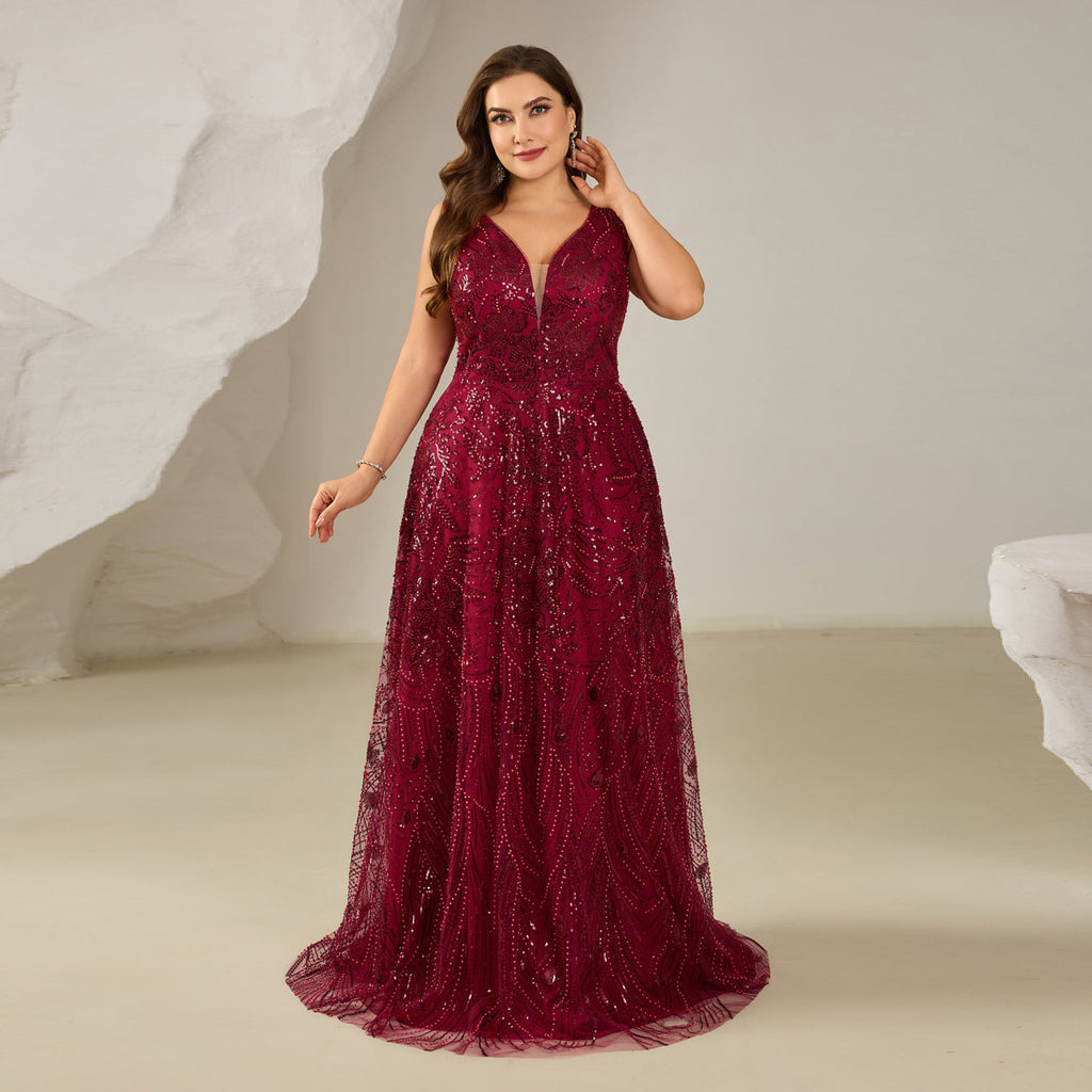 Glamorous Wine Red Sequin Beaded V-Neck Evening Dress SF615
