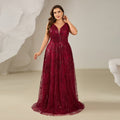 Glamorous Wine Red Sequin Beaded V-Neck Evening Dress SF615