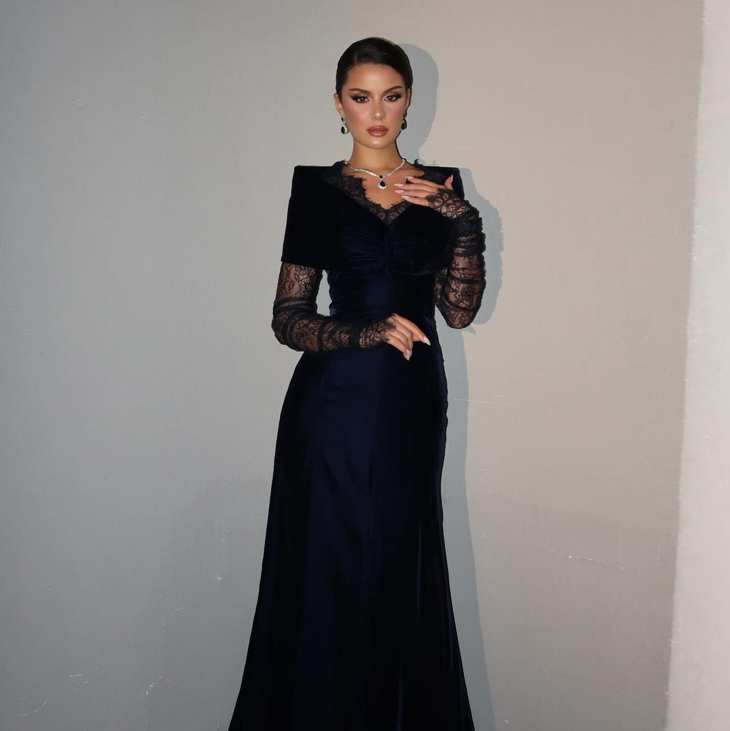 Luxury Navy Blue Velvet Lace Sleeve Evening Dress with Cap SF443