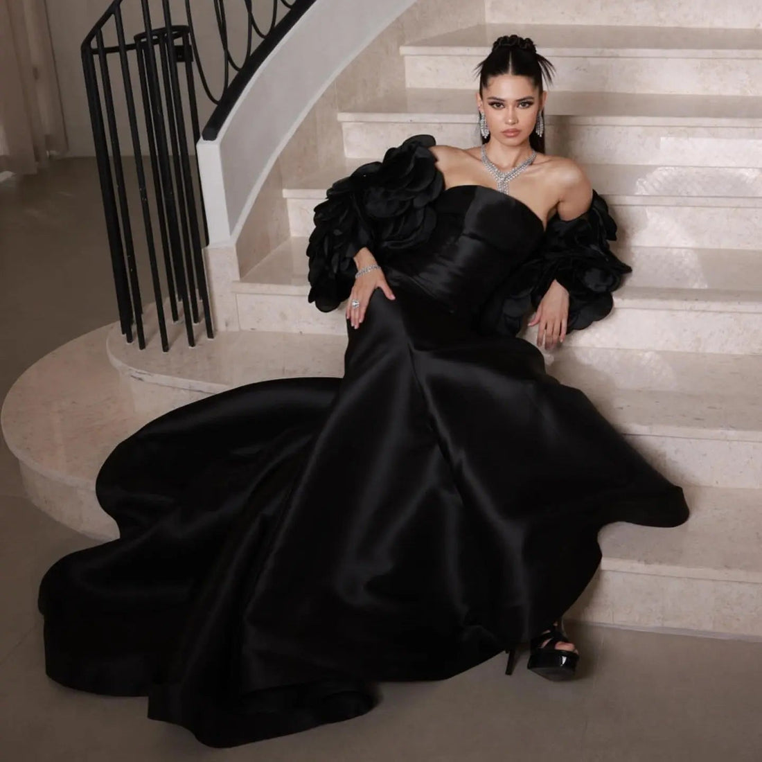 Luxury Black Strapless Mermaid Evening Dress with Petal Overlay SF 588
