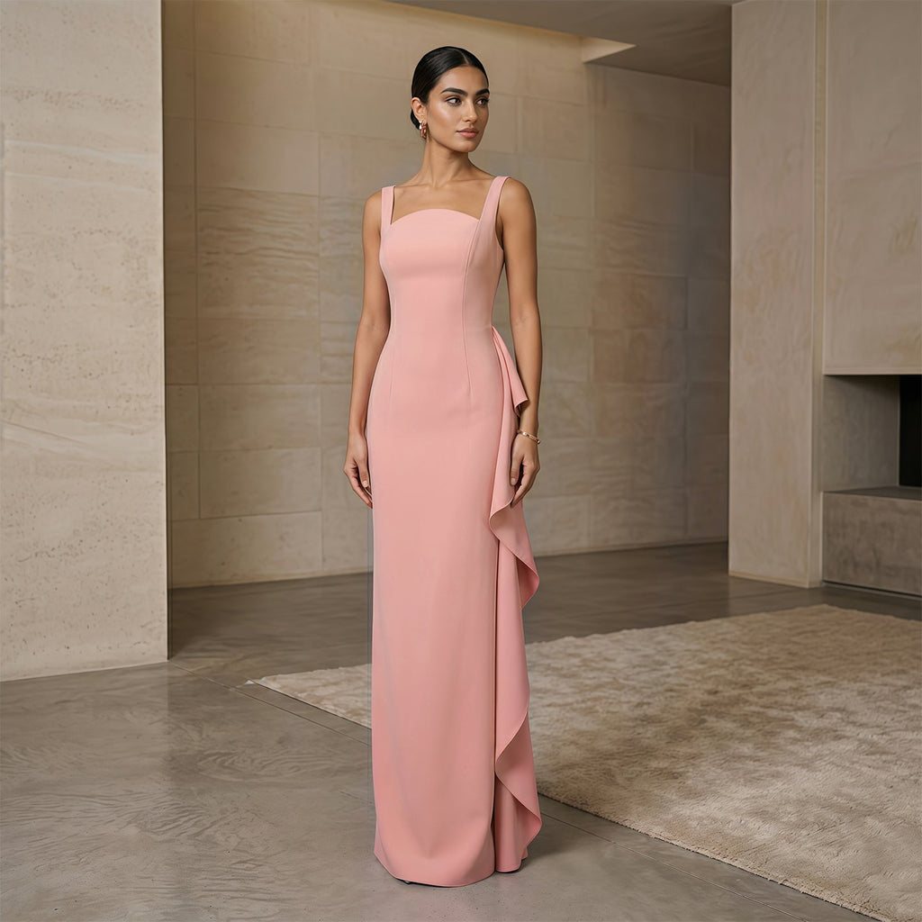 Elegant Pink Square Neck Satin Evening Dress with Side Ruffle SF041