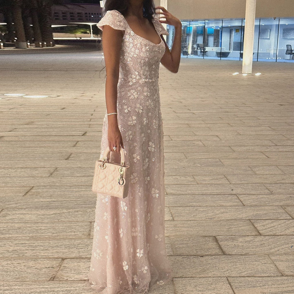 Chic Pink Floral Open Back Evening Dress SS602