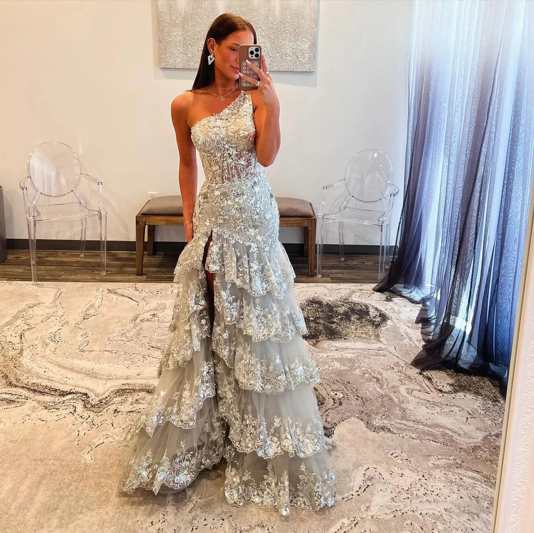 Chic Silver Ruffles One shoulder Slit Prom Dress SH152