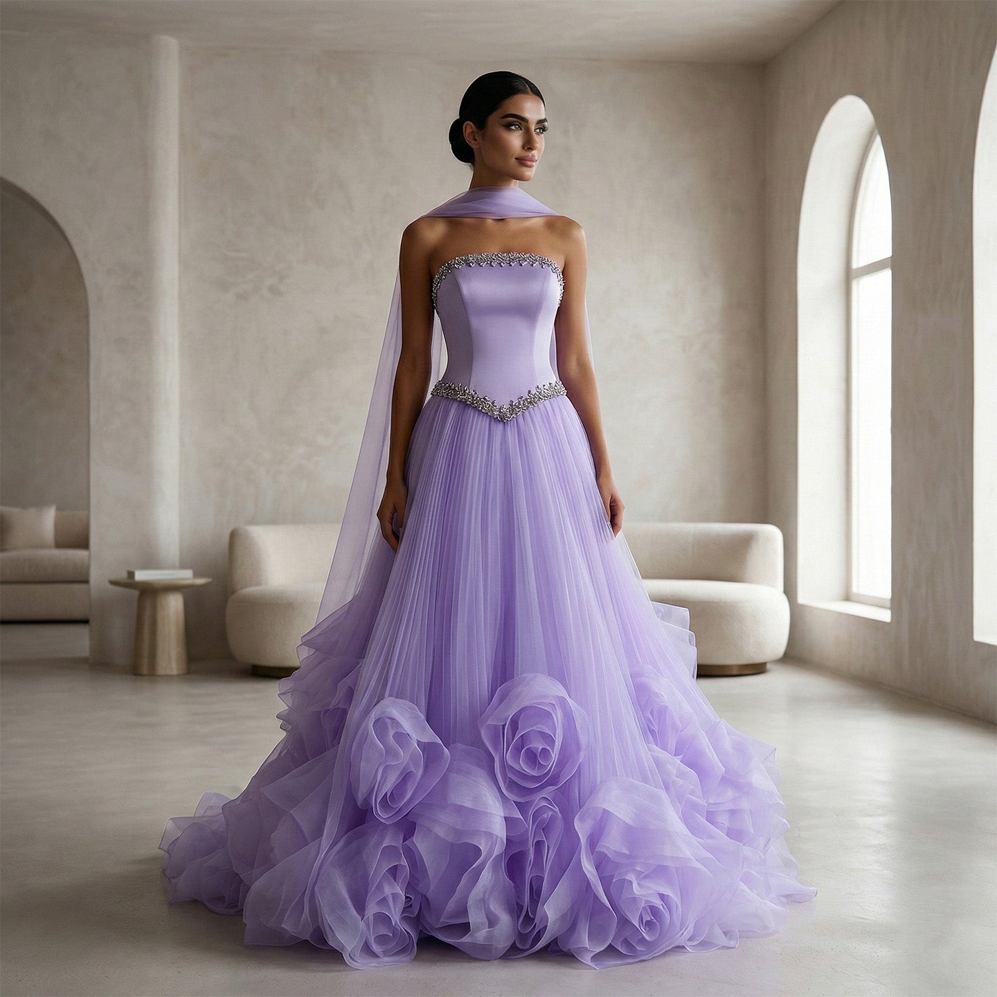 Elegant Lilac 3D Floral Strapless Tulle Evening Dress with Scarf SS310