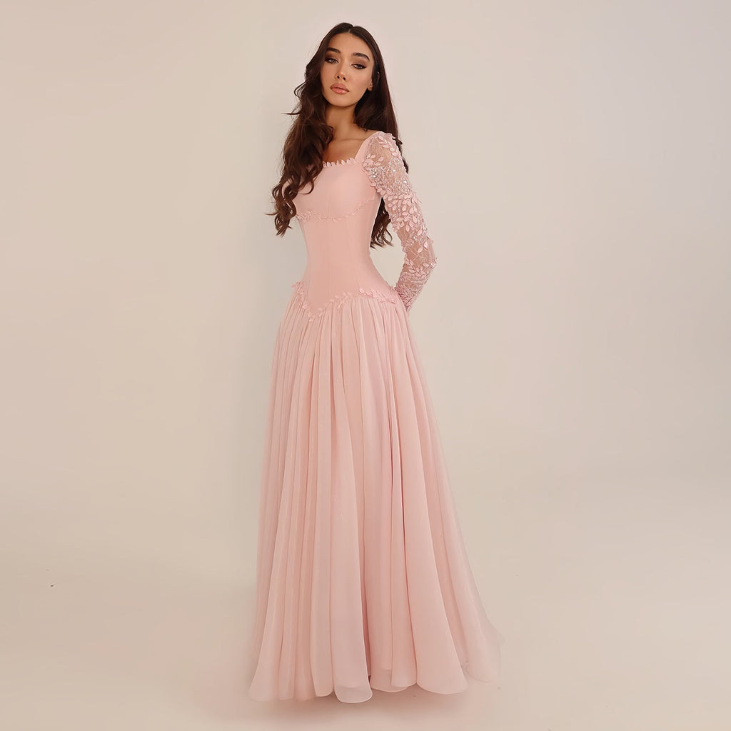 Romantic Pink Feather Lace Sleeve Chiffon Evening Dress SF239