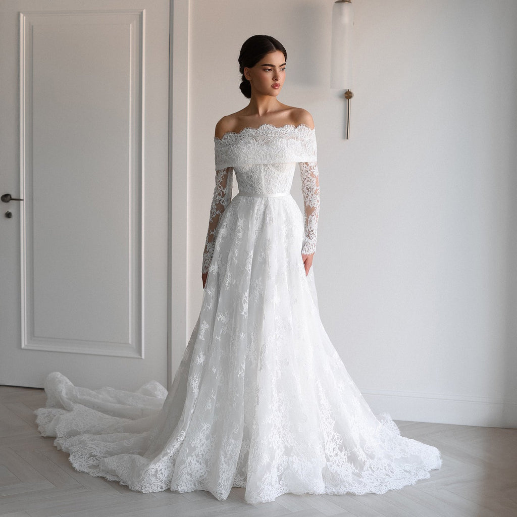 Elegant Off Shoulder Printed A-Line Lace Wedding Dress SW527