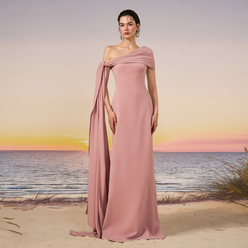 Chic Pink One-Shoulder Draped Chiffon Fitted Evening Dress SF117