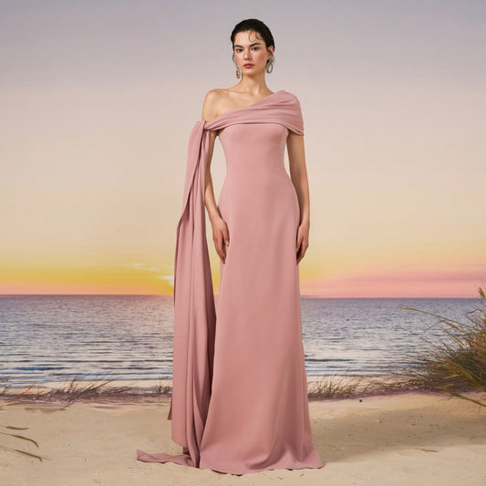 Chic Pink One-Shoulder Draped Chiffon Fitted Evening Dress SF117