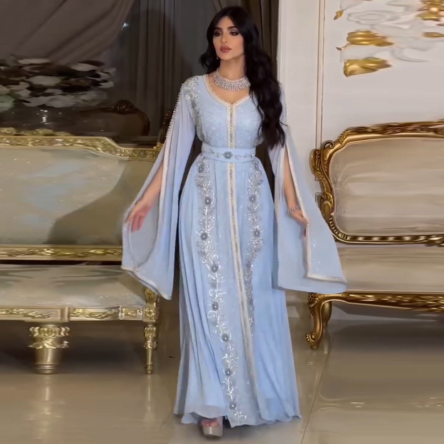 Luxury Beaded Blue Long Sleeve Evening Dresses SS404