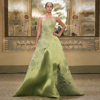 Luxury Green Strapless Embroidered Satin Evening Dress XD077
