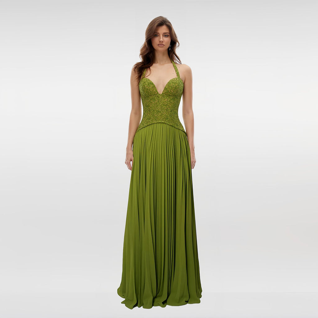 Elegant Green Halter Neck Lace & Chiffon Evening Dress SF419