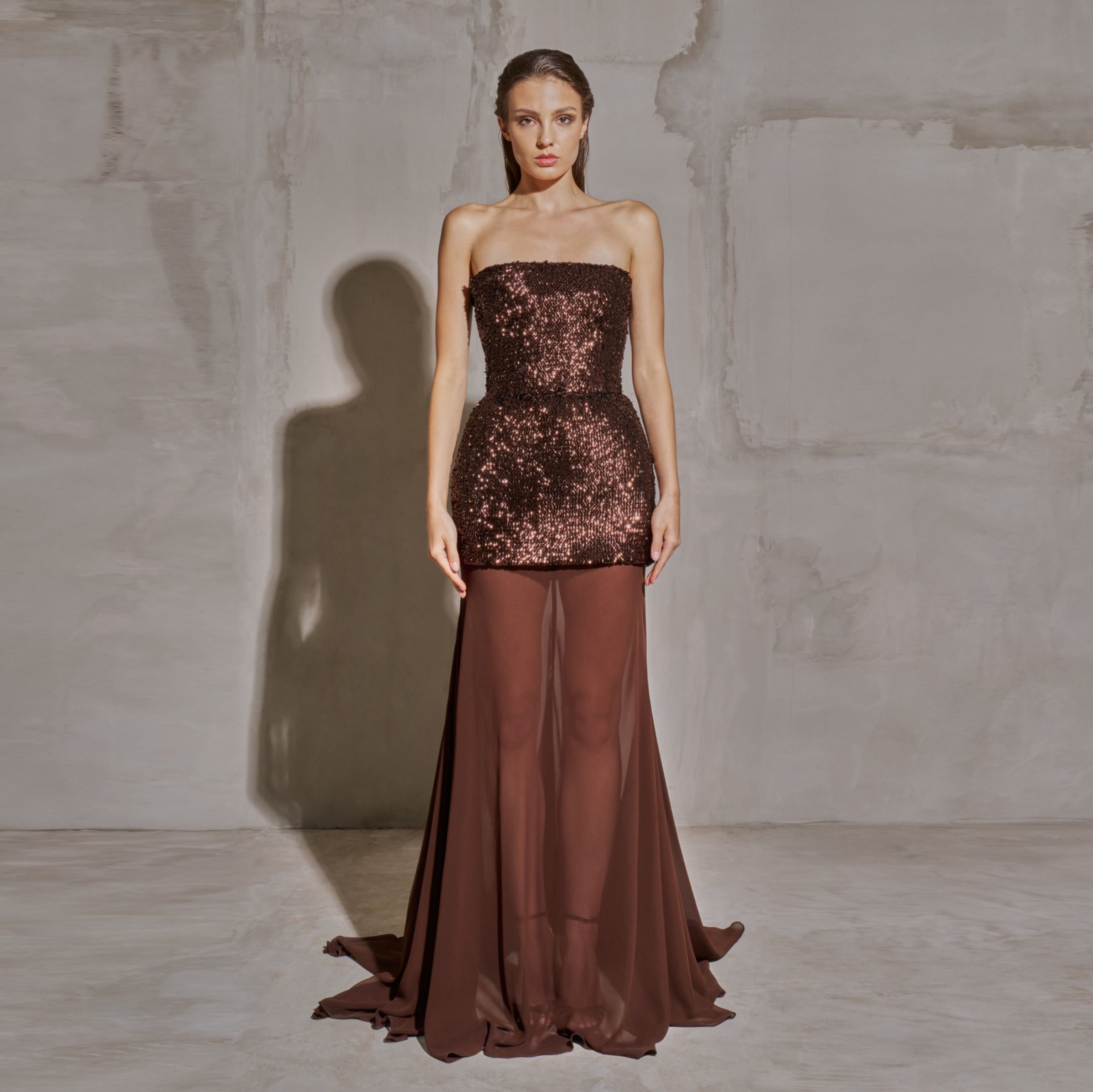 Luxury Brown Sequin Strapless Sheer Panel Evening Dress SF442