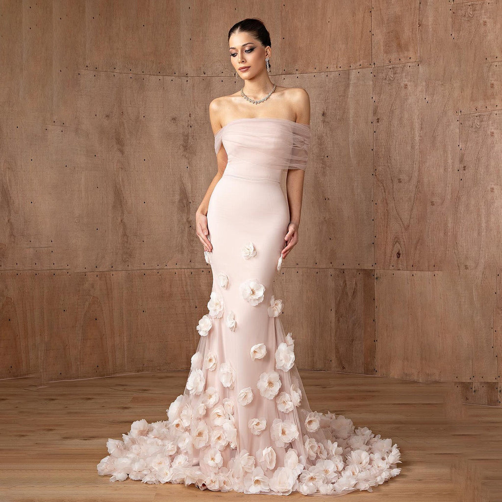 Elegant Pink 3D Flowers Off Shoulder Evening dress SF383